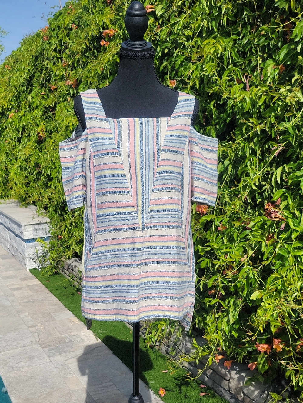 For Cynthia Linen Cotton Blend Striped Cold Shoulder Tunic